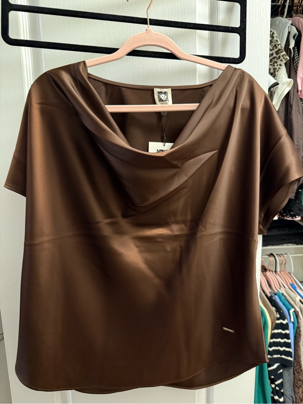 Anne Klein Brown Satin Cowl Neck Blouse